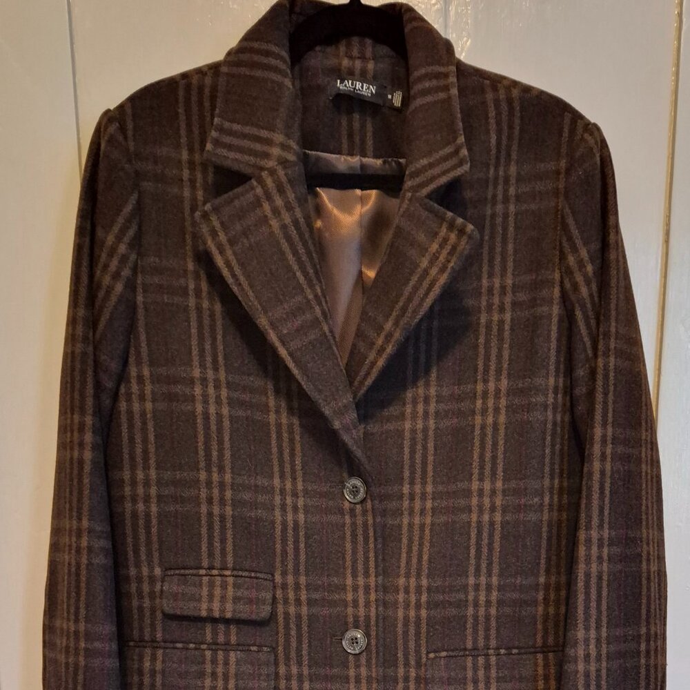 Ralph Lauren Brown Plaid Wool Blend Reefer Coat size 14